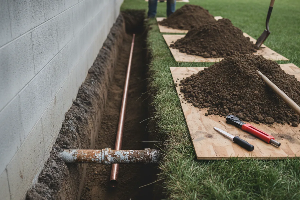 Excavated water line trench during Water Heater Repair in Fillmore